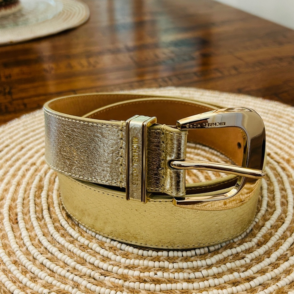 Michael Kors Gold Metallic Leather Belt with Gold-Tone Buckle